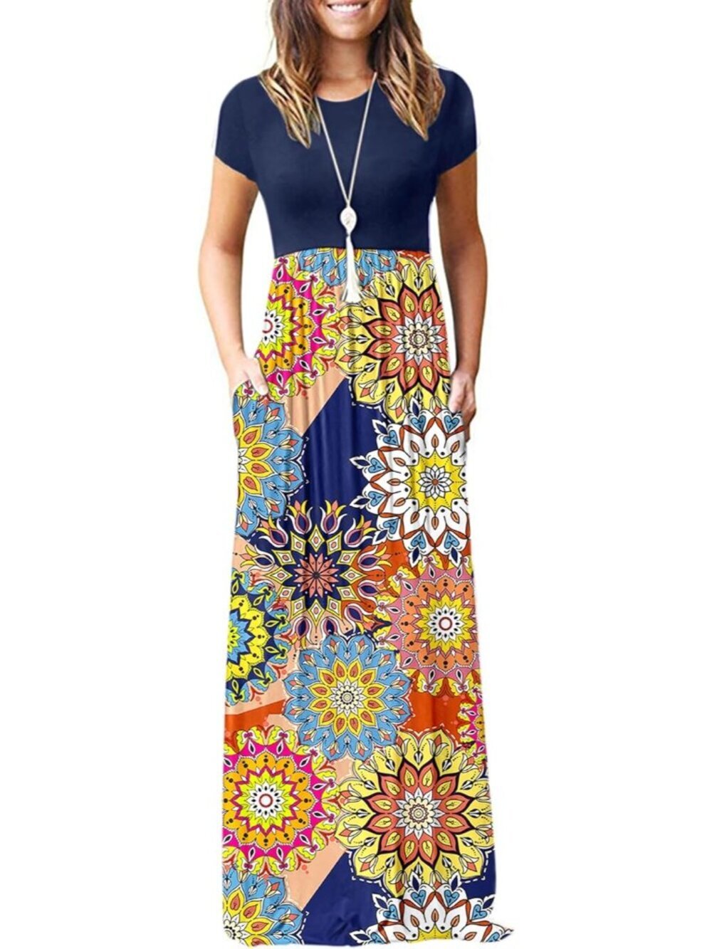 Women's Navy Mandala Short Sleeve Loose Plain Maxi Pockets Casual Long Dresses
